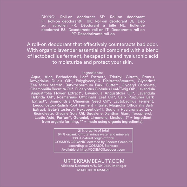Urtekram Soothing Lavender Deo 50 ml roll-on med ingrediensliste og baksidetekst på lilla bakgrunn
