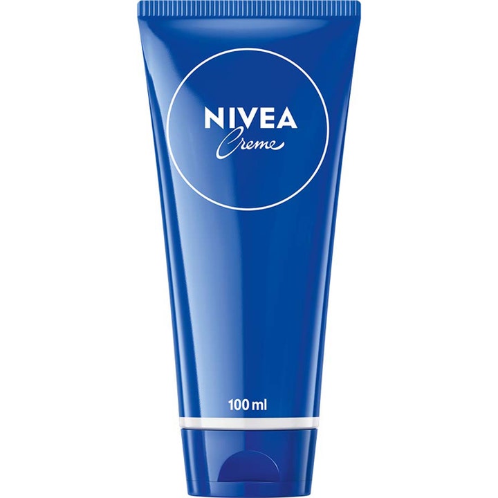Nivea Creme 100 ml fuktighetskrem i mørkeblå plasttube med hvit logo i en sirkel og matchende blått lokk