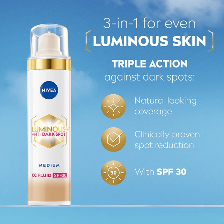 Nivea Luminous 630 CC Fluid 40 ml mot pigmentflekker i hvit pumpeflaske med SPF 30 og medium dekning