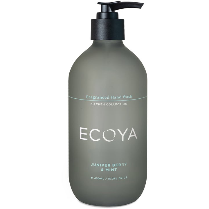 Ecoya Juniper Berry & Mint Fragranced Hand Wash 450ml velduftende håndsåpe i en grå frostet flaske med sort pumpe