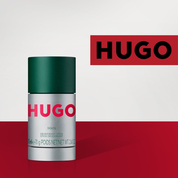Hugo Boss Hugo Man 75ml deostick mot lukt i sølvfarget hylse med ikonisk rød logo og mørkegrønn kork
