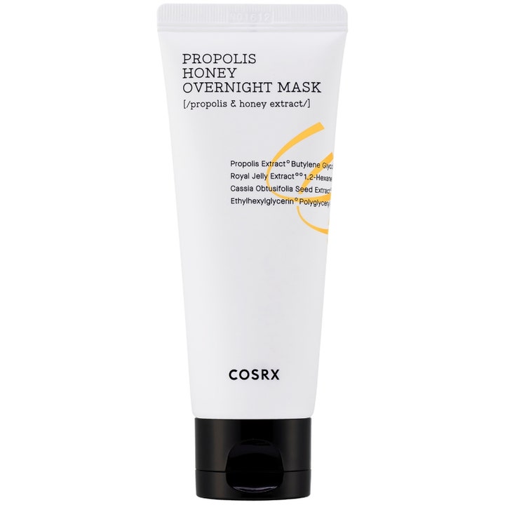 COSRX Propolis Honey Overnight Mask 60 ml fuktighetsgivende ansiktsmaske på hvit tube med sort lokk