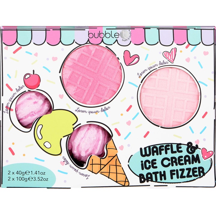 BubbleT Cartoon Waffle Bath Fizzer Set 280 ml velduftende badebomber i fargerik gaveeske med vaffelmotiv