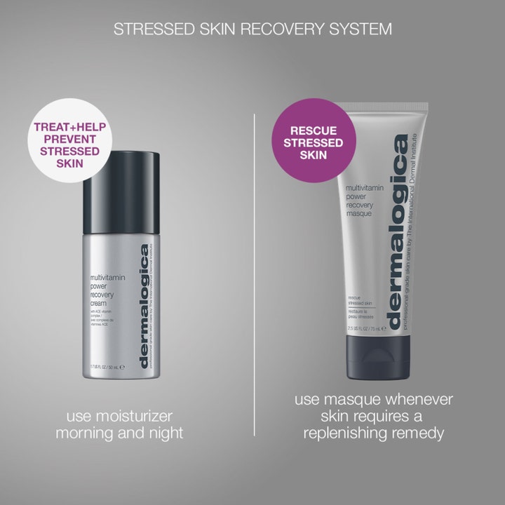 Dermalogica Stressed Skin Recovery System 50ml og 75ml gjenoppbyggende hudpleiesett i sølvfarget pumpeflaske og tube.