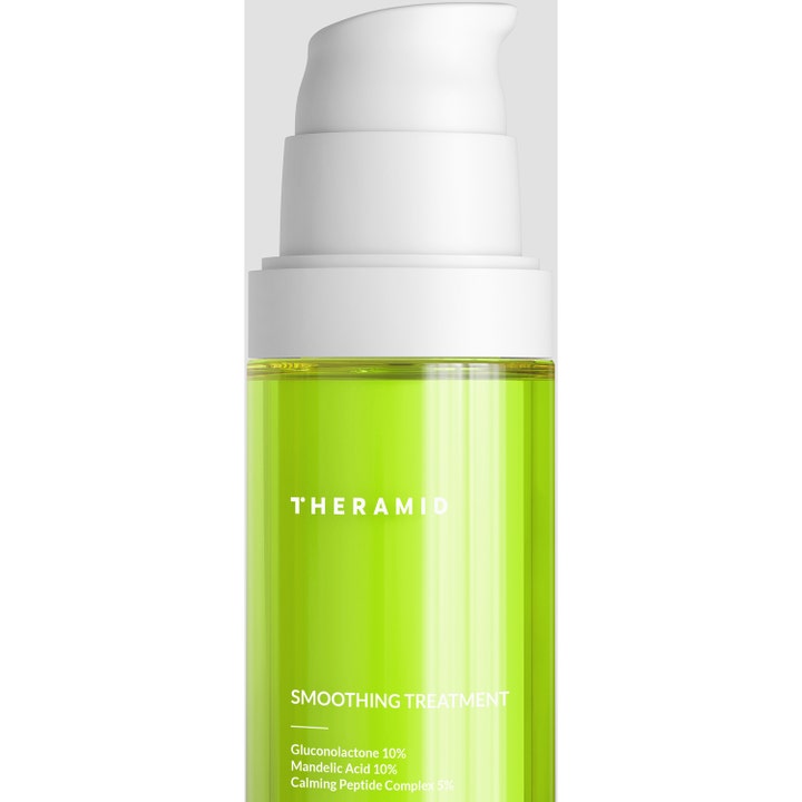 Niche Beauty Lab Theramid Smoothing Treatment 30 ml eksfolierende serum i grønn gjennomsiktig flaske med hvit pumpe
