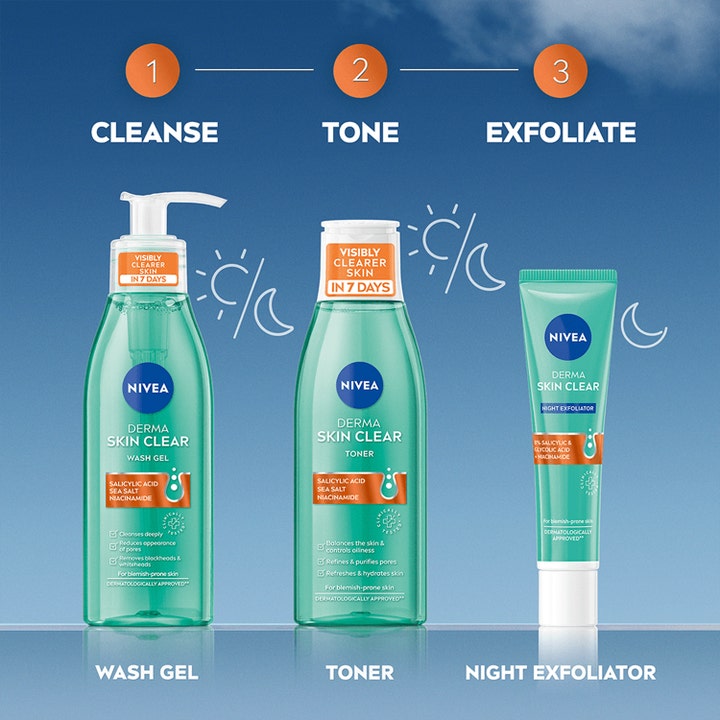 NIVEA Derma Skin Clear Night Exfoliator 40 ml trinn tre i en rutine mot urenheter med kjemisk peeling i grønn tube.