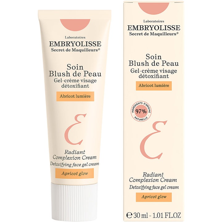 Embryolisse Radiant Complexion Cream Apricot Glow 30 ml glødgivende dagkrem i beige tube og eske med ferskenfarger.