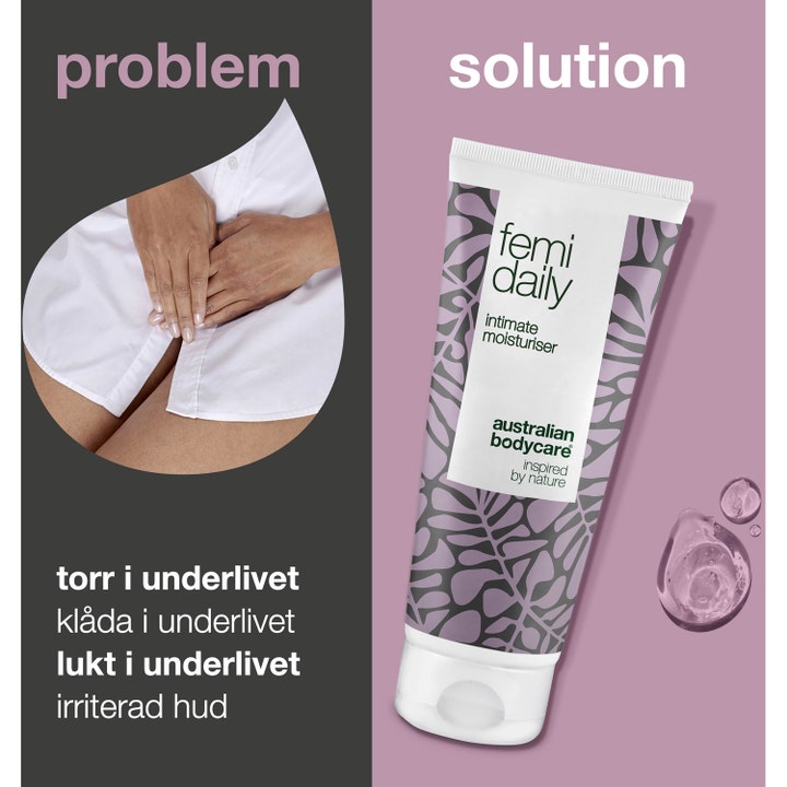 Australian Bodycare Femi Daily 100 ml intimgel mot kløe og lukt i hvit tube ved siden av dråper med klar gel