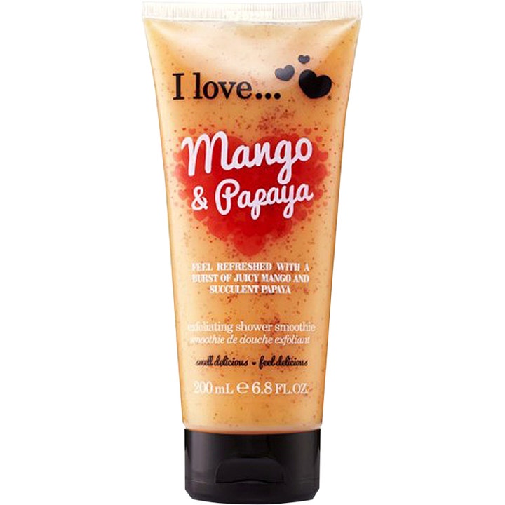I love... Mango & Papaya 200 ml eksfolierende dusjsåpe i tube med oransje korn og rød hjertegrafikk