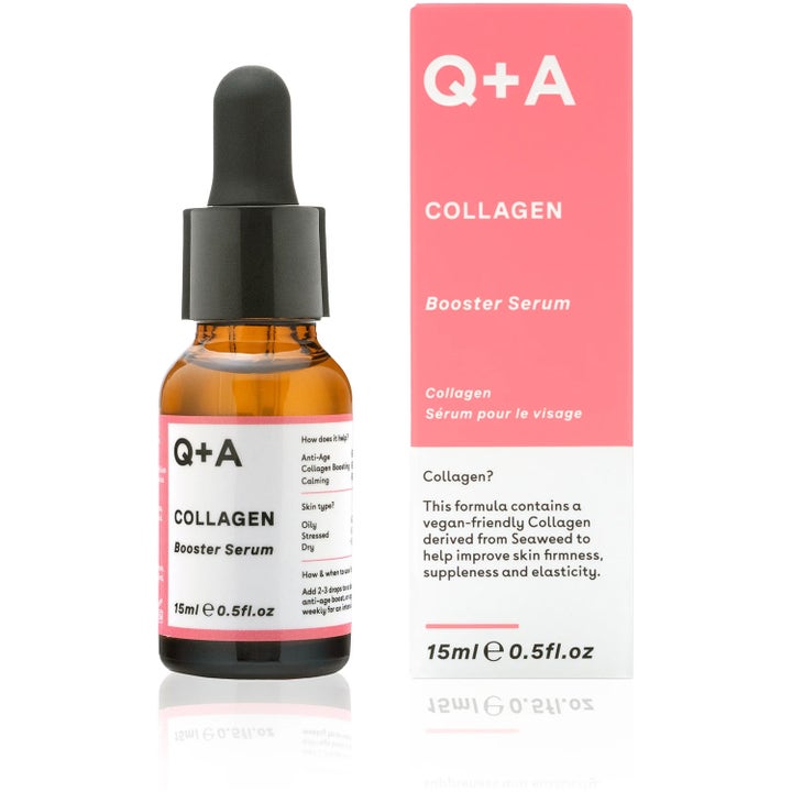 Q+A Collagen Booster Serum 15ml oppstrammende anti-age serum i brun glassflaske med svart pipette og rosa eske