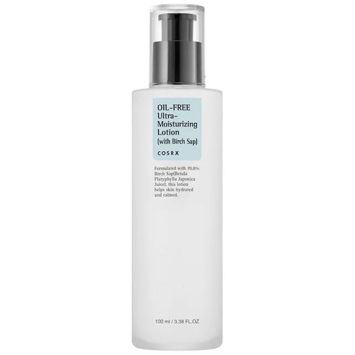 COSRX Oil-Free Ultra-Moisturizing Lotion 100 ml fuktighetskrem med bjørkesevje i hvit frostet flaske med sort pumpe.