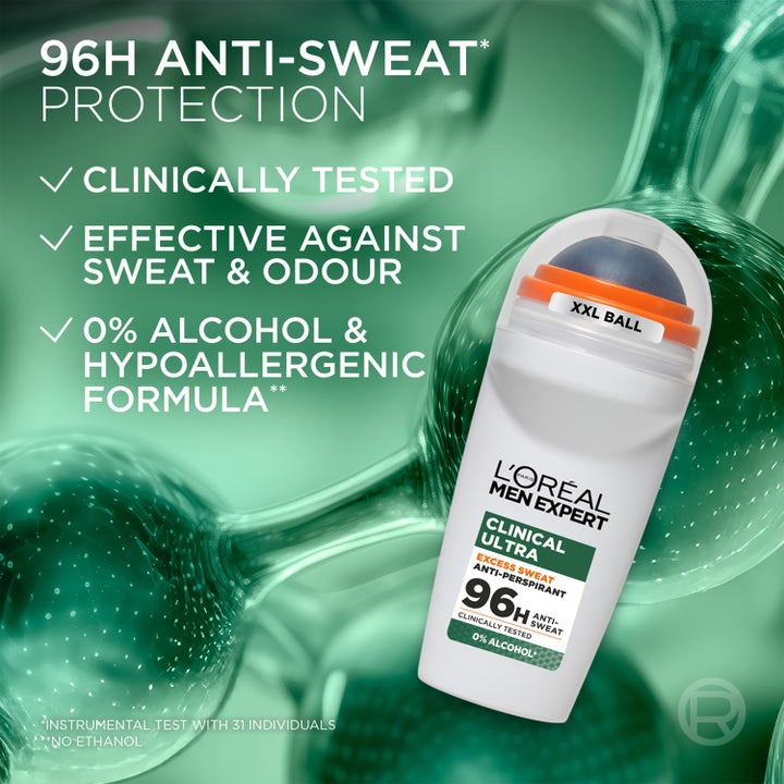 L'Oréal Paris Men Expert Derma Control 50 ml roll-on deodorant gir 96 timers beskyttelse mot svette med XXL-ball.