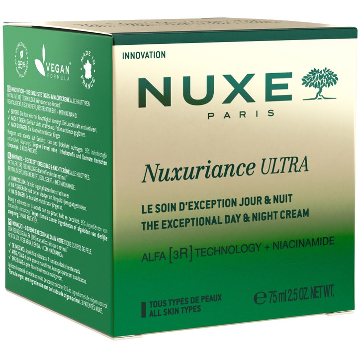 Nuxe Nuxuriance Ultra 75 ml anti-age dagkrem i grønn eske med tekst om niacinamid og vegansk formel.