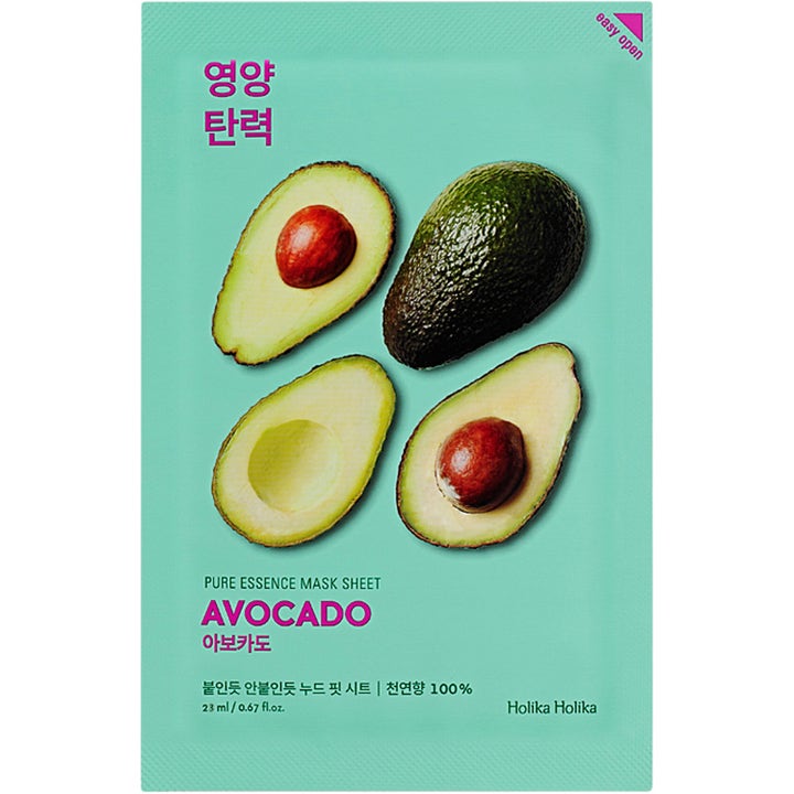 Holika Holika Pure Essence Mask Sheet Avocado 23 ml næringsgivende ansiktsmaske i lysegrønn pose med avokadoer