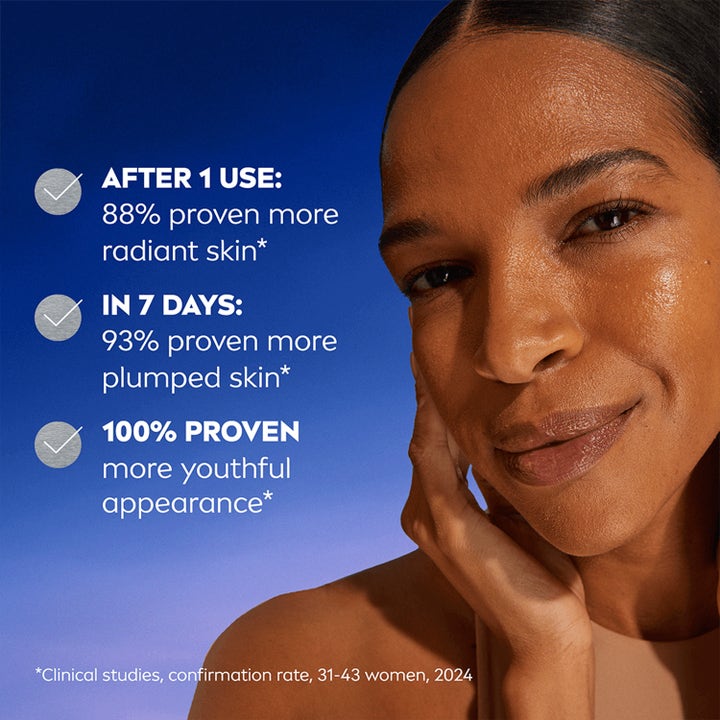 NIVEA Serum Cellular Epigenetics 15 ml ansiktsserum skaper glød og fylde vist med kvinne og klinisk beviste resultater.