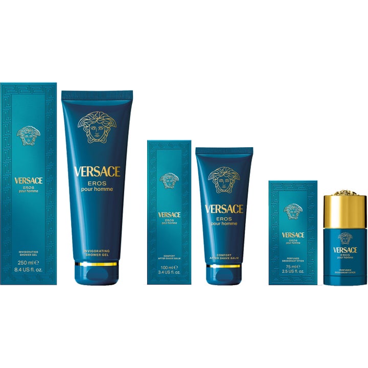 Versace Eros After Shave Balm 100 ml beroliger huden i en blå tube ved siden av matchende boks og gavesett.