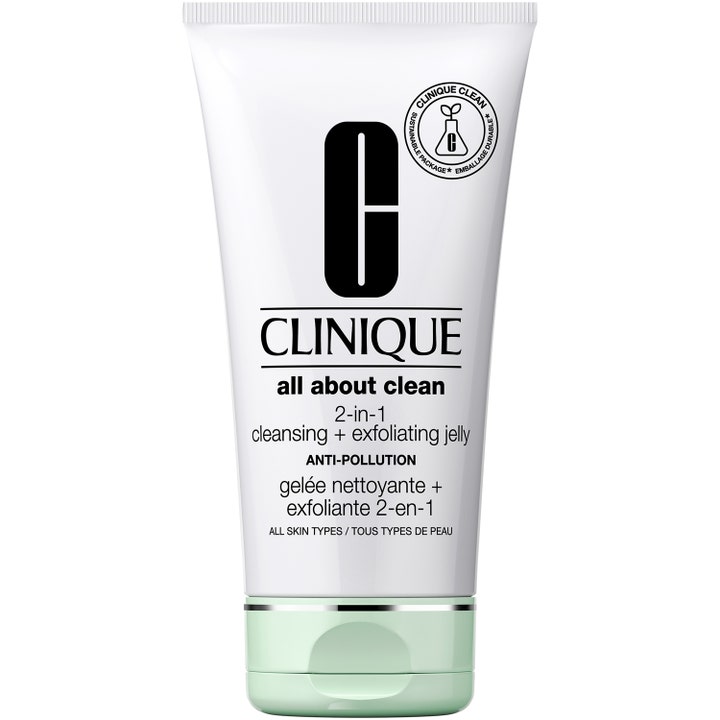 Clinique All About Clean 2-in-1 Cleansing + Exfoliating Jelly eksfolierende ansiktsrens i hvit tube med mintgrønn kork
