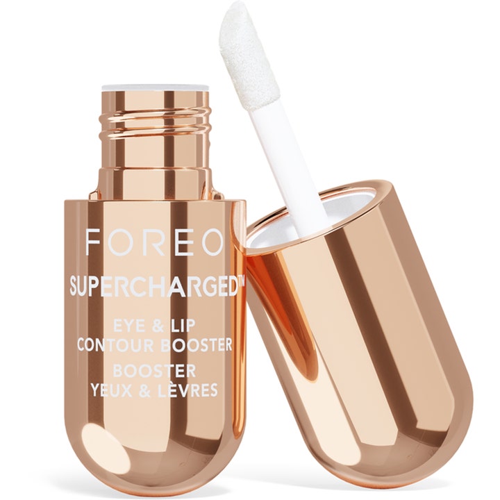 Foreo Supercharged Eye & Lip Contour Booster 15 ml øyekrem i rosegullfarget hylse med hvit applikator