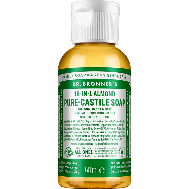 Dr. Bronner's 18-in-1 Almond Pure-Castile Soap 60 ml pleiende flytende såpe i klar plastflaske med grønn etikett og hvit kork.