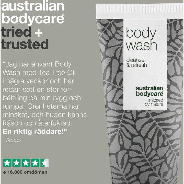 Australian Bodycare Body Wash 200 ml dusjsåpe med tetreolje som renser huden ved siden av en kundeanmeldelse
