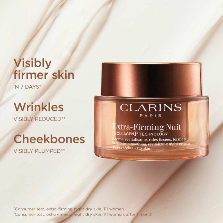 Clarins Extra-Firming Nuit 50 ml nattkrem gir fastere hud og reduserer rynker i en bronsefarget glasskrukke.