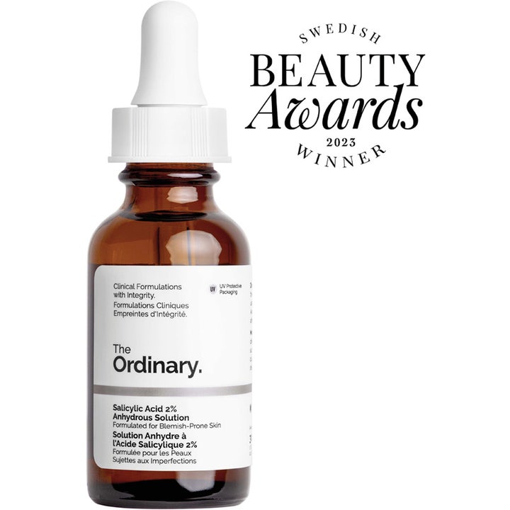The Ordinary Salicylic Acid 2% Anhydrous Solution 30 ml serum i brun glassflaske merket Swedish Beauty Awards 2023
