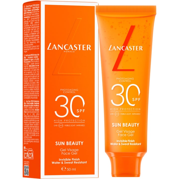 Lancaster Sun Beauty Face Gel 50 ml ansiktssolkrem i oransje tube og eske med SPF 30 og usynlig finish.
