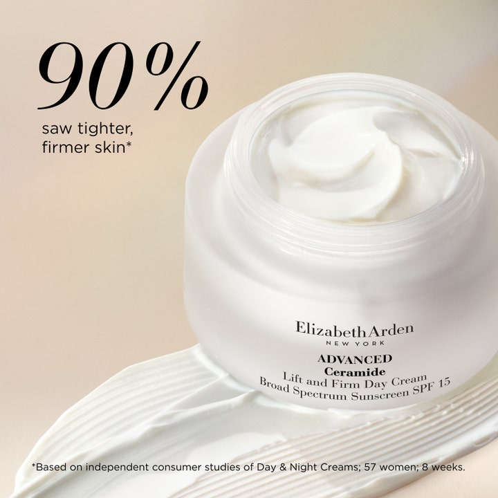 Elizabeth Arden Ceramide Lift & Firm 50 ml oppstrammende dagkrem i krukke med hvit tekstur og tekst om 90% fastere hud