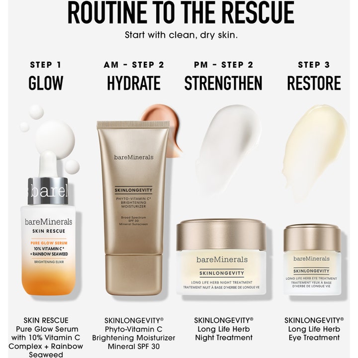 bareMinerals Skin Rescue Pure Glow Serum 30 ml i en hudpleierutine med fuktighetskrem og nattkrem