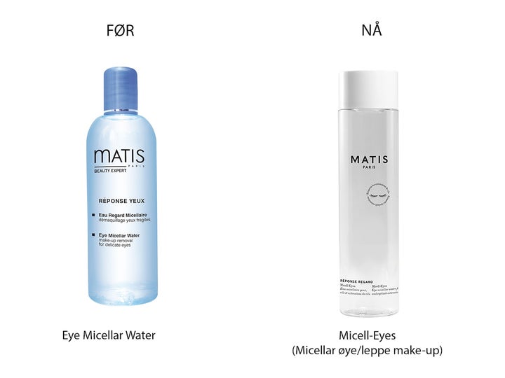 Matis Réponse Regard Micell-Eyes 150 ml sminkefjerner viser gammelt og nytt flaskedesign for skånsom rens
