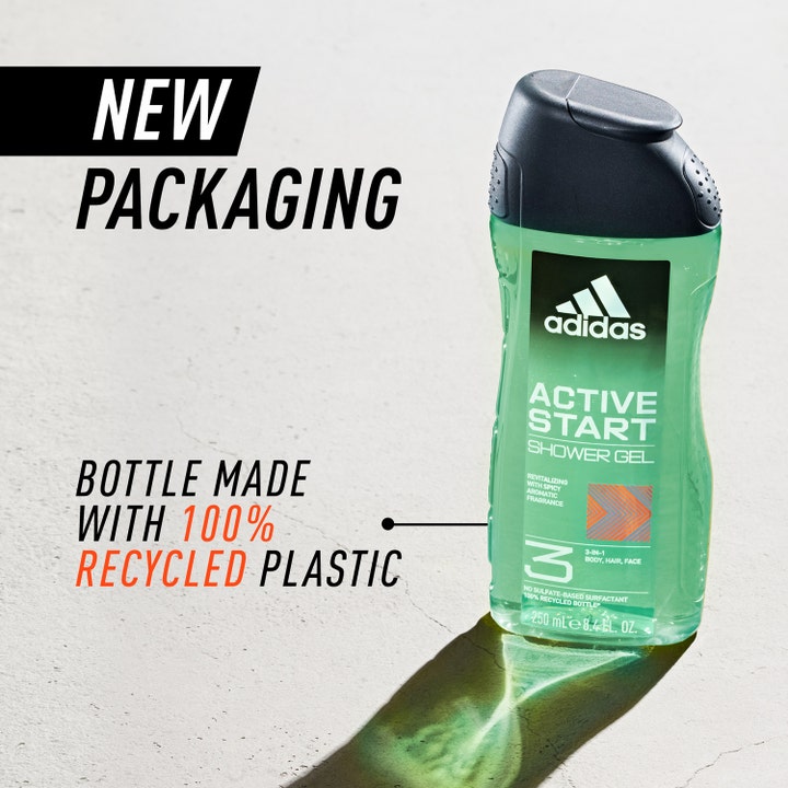 Adidas Active Start For Him 400 ml 3-i-1 dusjsåpe i grønn flaske av resirkulert plast med sort teksturert kork