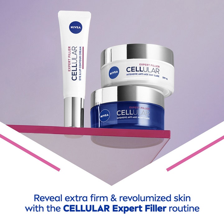 NIVEA Cellular Expert Filler 50 ml dagkrem nattkrem og øyekrem i en hudpleierutine for fastere hud