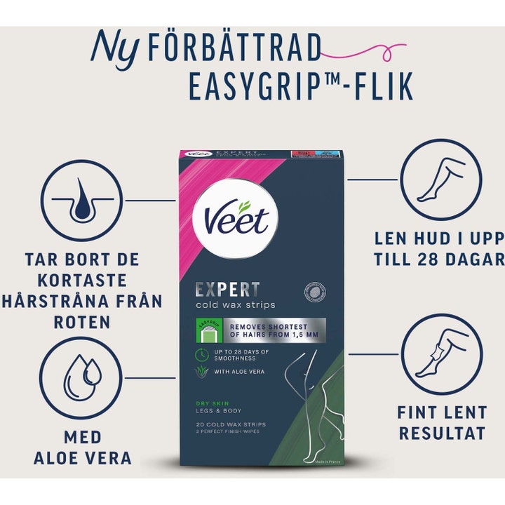 Veet Wax Strips Easy Grip 20 stk hårfjerning for tørr hud med aloe vera som fjerner korte hårstrå effektivt