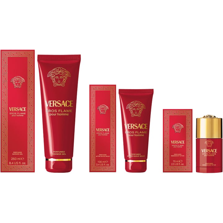 Versace Eros Flame Shower Gel 250 ml i rød tube og eske ved siden av after shave og deodorant stick