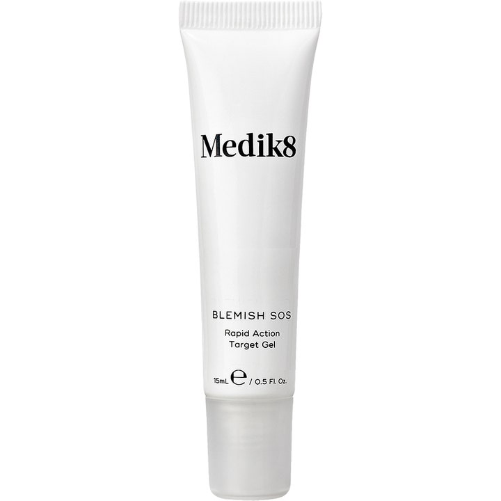 Medik8 Blemish SOS 15 ml målrettet gel mot urenheter i hvit tube med sølvfarget kork