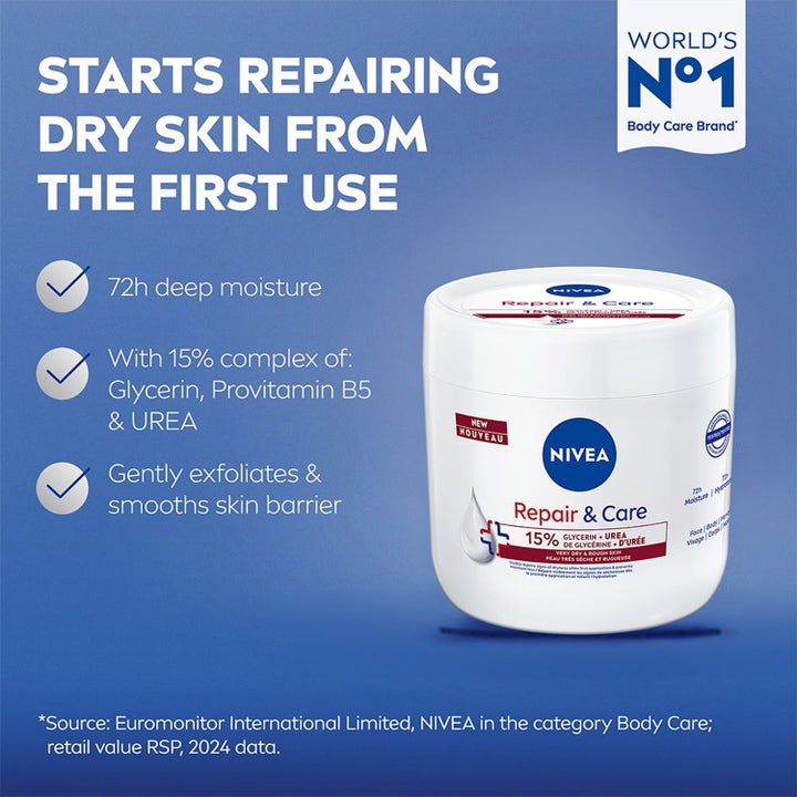 NIVEA Repair & Care Body Cream 400 ml fuktighetskrem i hvit krukke med tekst om 72t dyp fuktighet og 15 % urea-kompleks