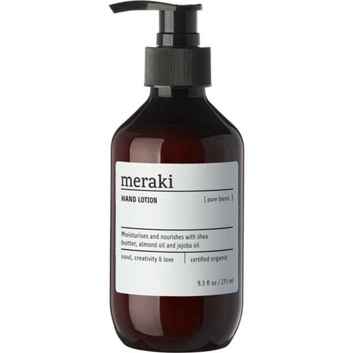 Meraki Hand Lotion Pure Basic 275 ml fuktighetsgivende håndkrem i brun flaske med sort pumpe og hvit minimalistisk etikett