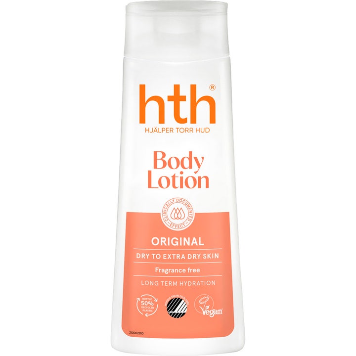 HTH Body Lotion Original 200 ml fuktighetskrem for tørr hud i hvit plastflaske med oransje detaljer