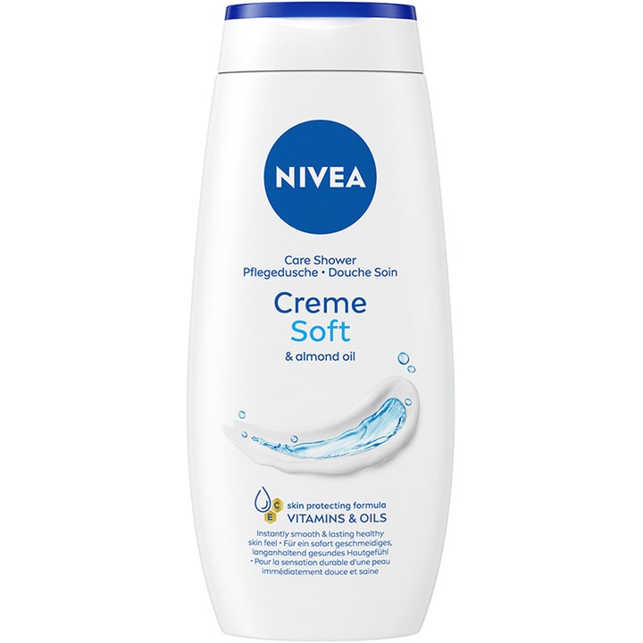 NIVEA Creme Soft Shower 250 ml pleiende dusjsåpe med mandelolje i hvit flaske med blått lokk og vitaminer