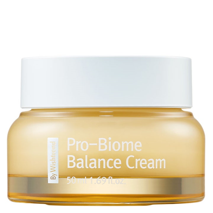 By Wishtrend Pro-Biome Balance Cream 50 ml beroligende ansiktskrem i en ravfarget glasskrukke med hvitt lokk