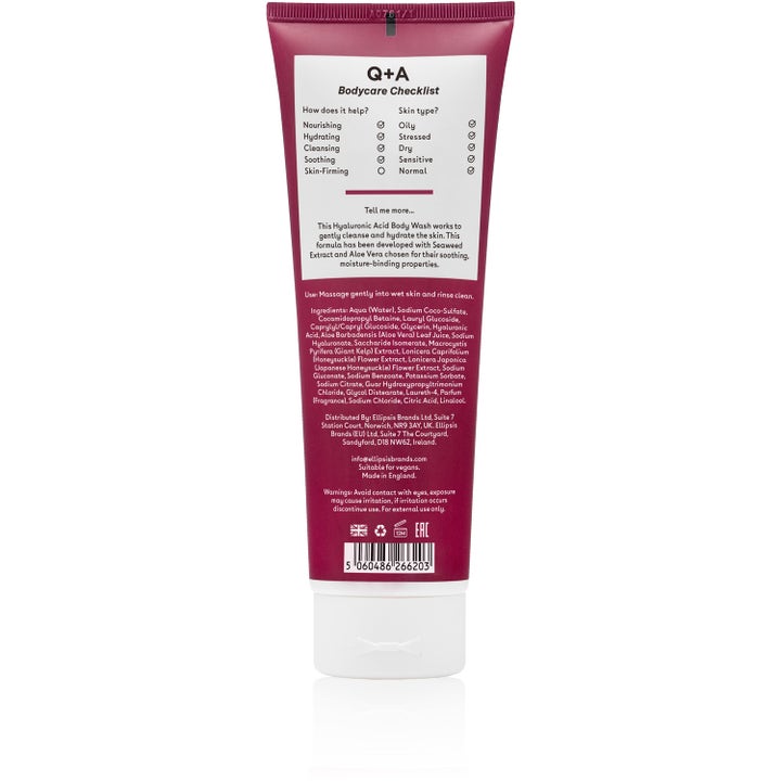 Q+A Hyaluronic Acid Body Wash 250 ml fuktighetsgivende dusjsåpe viser baksiden av tuben med ingredienser og sjekkliste