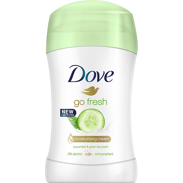Dove Go Fresh antiperspirant stick gir fuktighet i hvit plastbeholder med lysegrønt lokk og agurkillustrasjon.