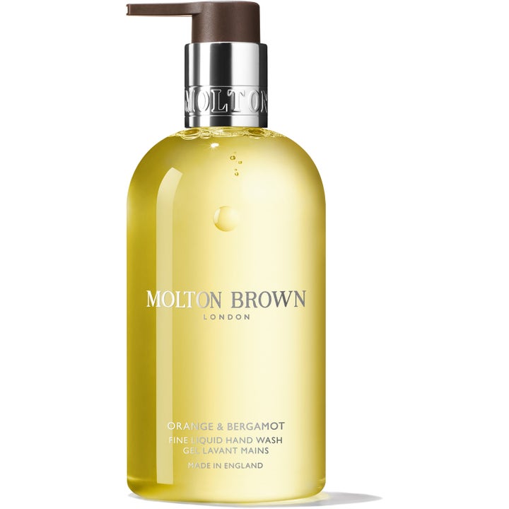 Molton Brown Orange & Bergamot Fine Liquid Hand Wash 300 ml rensende håndsåpe med gul gelé og sølvfarget pumpe