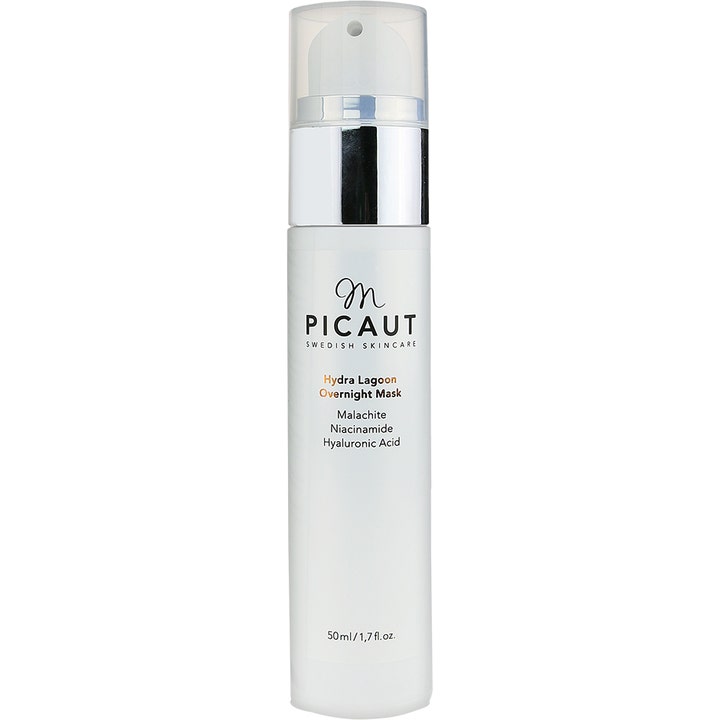 M. Picaut Hydra Lagoon Overnight Mask 50 ml gir fuktighet med niacinamide i hvit pumpeflaske med sølvdetaljer