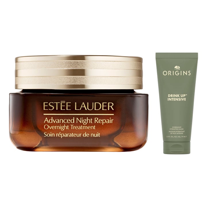 Estée Lauder Advanced Night Repair og Origins Drink Up 75 ml reparerende nattpleie i brun glasskrukke og grønn tube