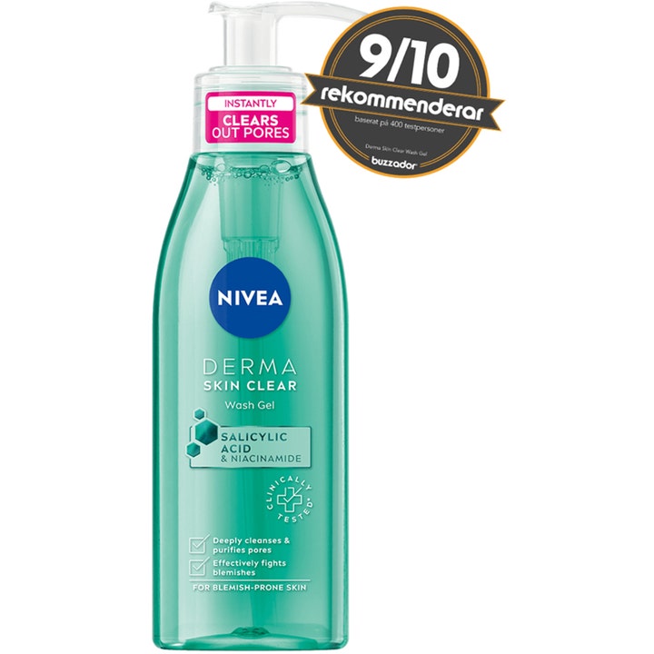NIVEA Derma Skin Clear Wash Gel 150 ml ansiktsrens med salisylsyre i turkis pumpeflaske som renser porer effektivt