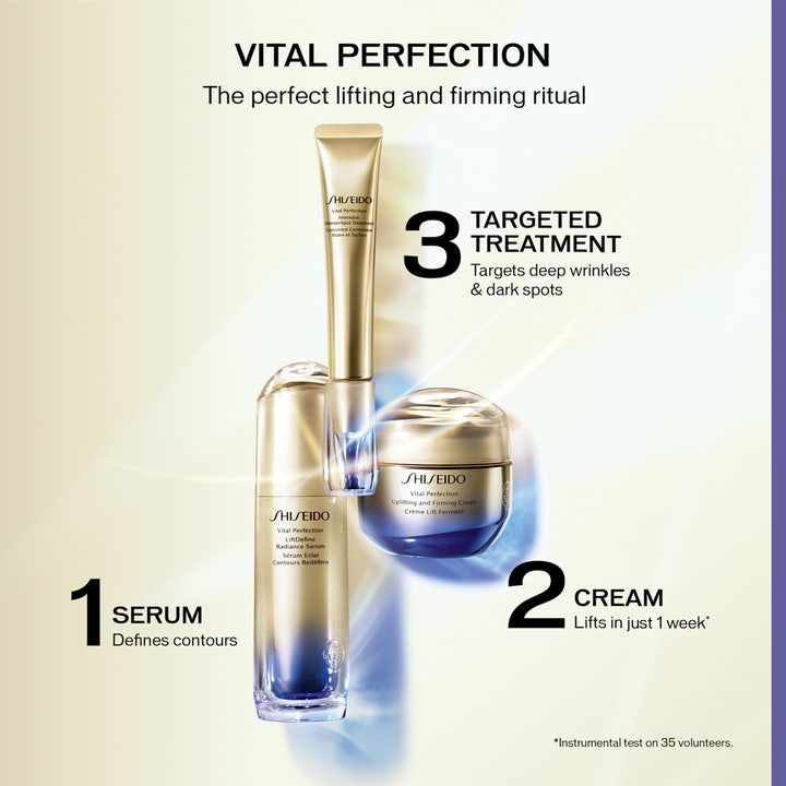 Shiseido Vital Perfection LiftDefine Radiance Serum 40 ml oppstrammende hudpleierutine med serumflaske krukke og tube