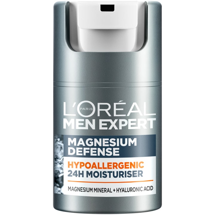 L'Oréal Men Expert Magnesium Defense 24H Moisturiser fuktighetskrem med hyaluronsyre i grå pumpeflaske med hvit dispenser