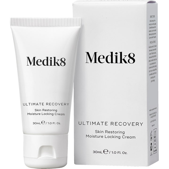 Medik8 Ultimate Recovery 30 ml reparerende ansiktskrem i hvit tube og eske som låser inn fuktighet
