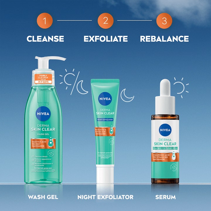 NIVEA Derma Skin Clear Rebalance & Clear 30 ml serum som reduserer urenheter vist som trinn tre i en hudpleierutine